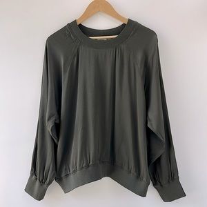 Good American Top Women Extra Large 4 Olive Green Satin Crew Sweatshirt Rib Cuff